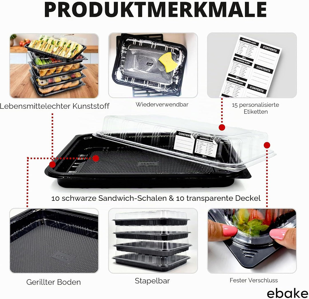 ebake Mehrweg Servierplatte mit Deckel (10 Stk. à 33 x 24 cm) - Meal Prep Boxen/Buffet Platten für P