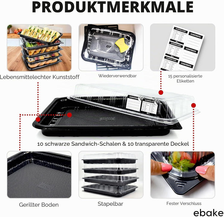 ebake Mehrweg Servierplatte mit Deckel (10 Stk. à 33 x 24 cm) - Meal Prep Boxen/Buffet Platten für P