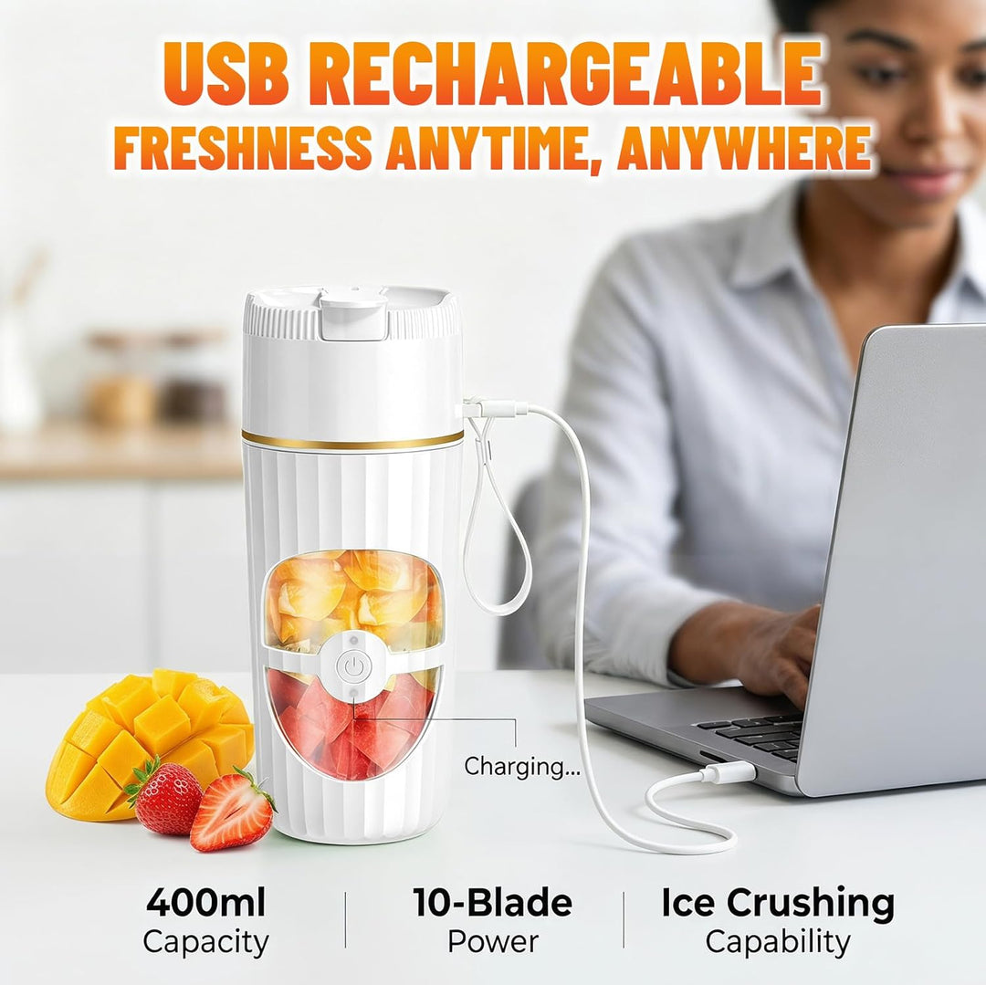 Tragbarer Mixer Smoothie Maker 400ml, Mini Standmixer mit 10 Edelstahlklingen, USB-C Wiederaufladbar