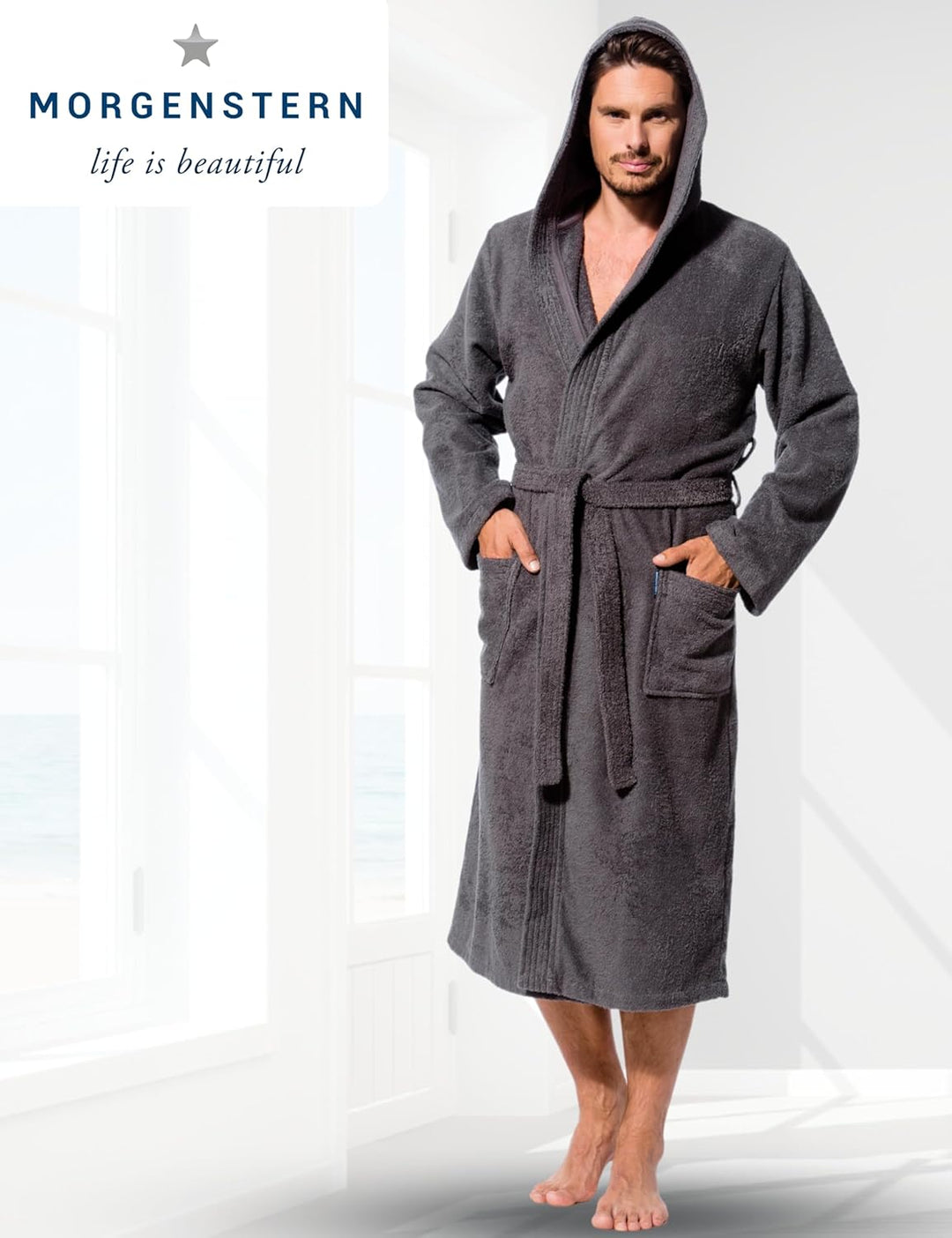 Morgenstern Bademantel Herren Kapuze Frottee 100% Baumwolle Lang Cadiz Salamanca L Grau, L Grau