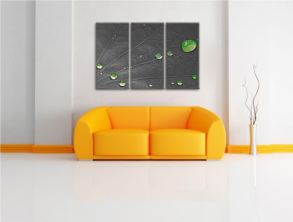 winzige Wassertropfen auf grünem Blatt schwarz/weiss Spezial 3-Teiler Leinwandbild 120x80 Bild auf L