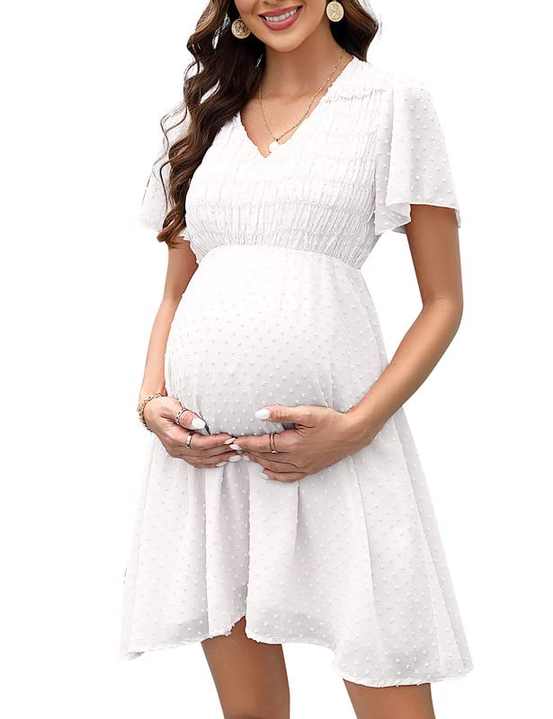 Clearlove Damen Schwangerschaftskleid aus Schweizer Pünktchen-Chiffon mit kurzen Ärmeln für den Somm