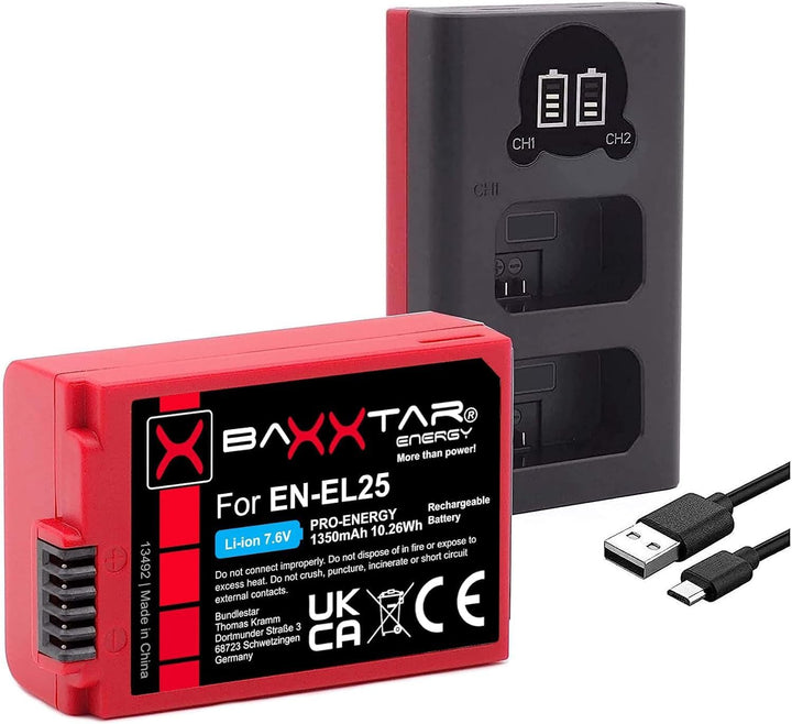 Baxxtar Pro EN-EL25 Kamera-Akku 1350mAh / mit aktivem NTC-Sensor/Ladegerät Mini LCD DUAL (Eingang US
