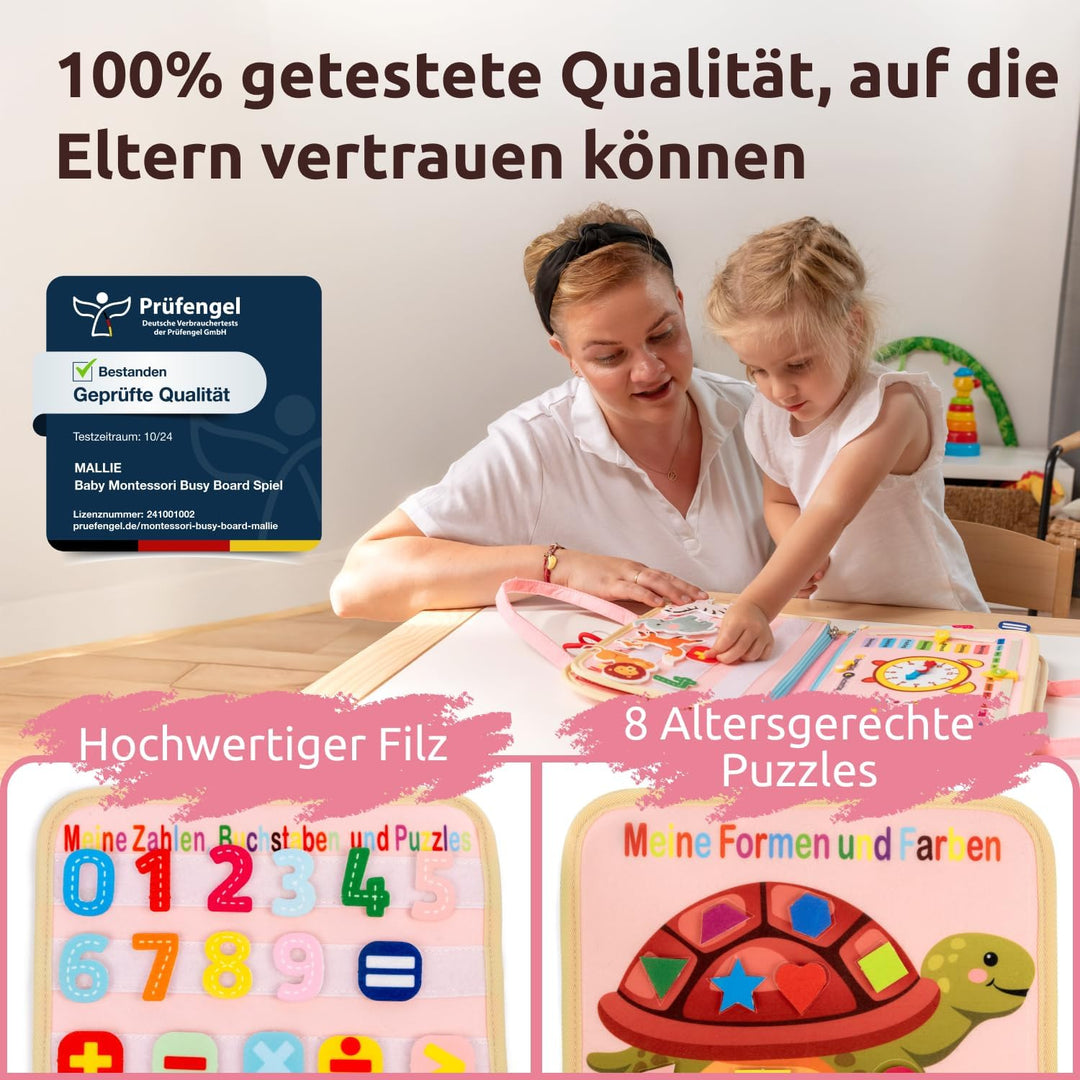 Mallie® Busy Board Deutsch inkl. Gratis Reisetasche & Montessori Buch und Perfekt für Reisen im Auto