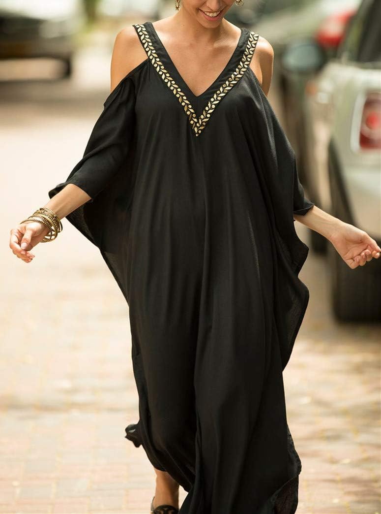LikeJump Damen Chiffon Bohemien Kaftan Übergrösse Strandkleider Lang Kleid Kimono Badeanzug Cover Up