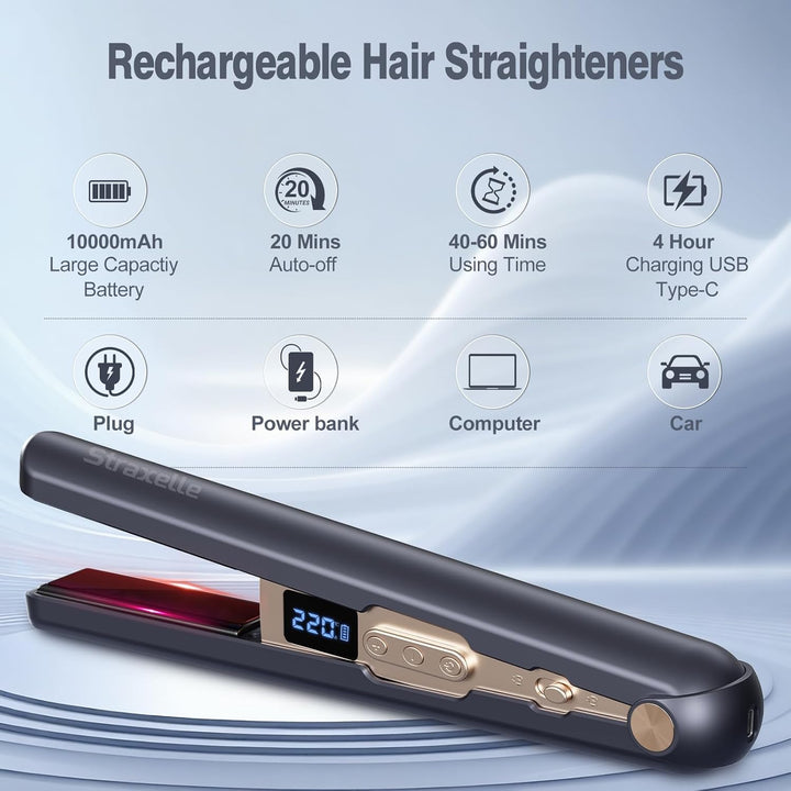 2 in 1 Glätteisen Locken und Glätten, 160°C-220°C Reise Glätteisen Kabellos 10000mAh Akku Haarglätte