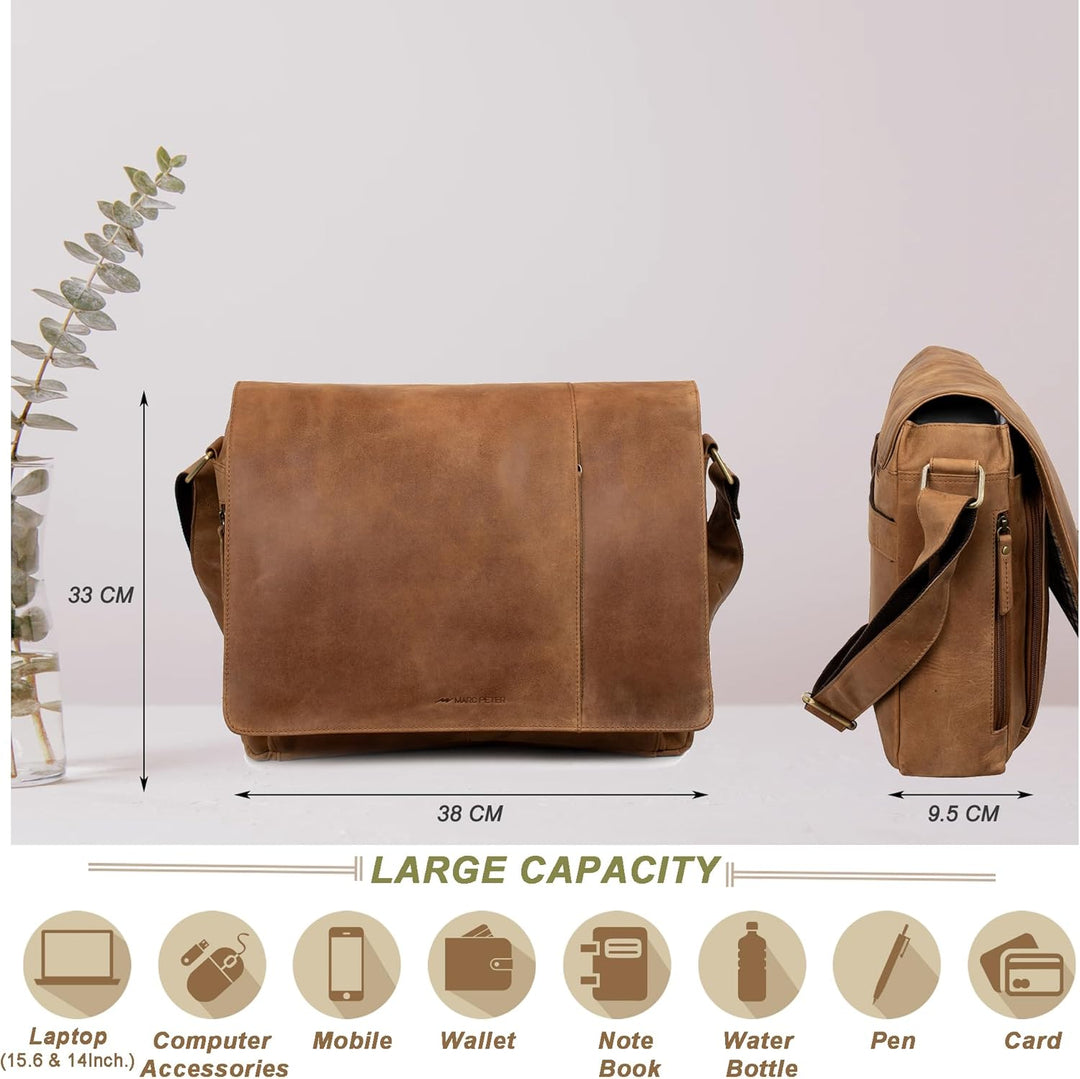Marc Peter® Bergen leder Umhängetasche für Herren Damen | 15.6 Zoll Laptoptasche | Aktentasche aus e