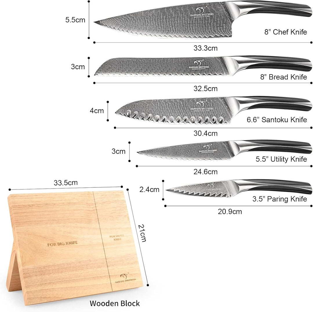 NANFANG BROTHERS Messerset, 6-teilig aus Damaszener Stahl VG10 Küchenmesserset mit magnetischem Holz