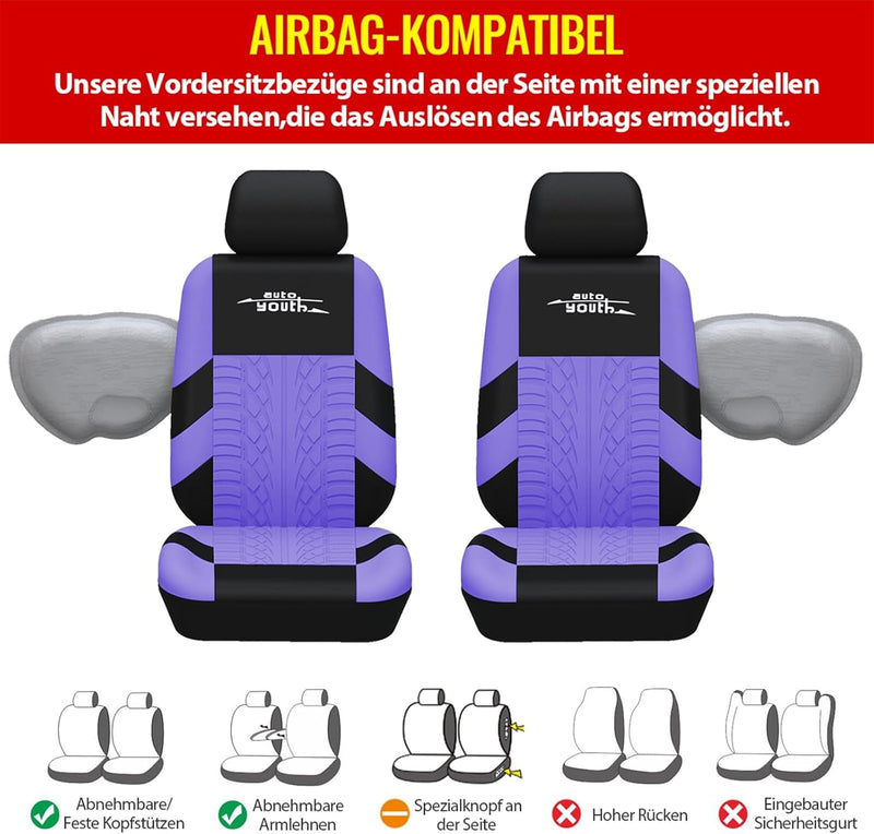 AUTOYOUTH Autositzbezüge Universal Fit Komplettset Autositzschoner Reifenschienen Autositzzubehör, V