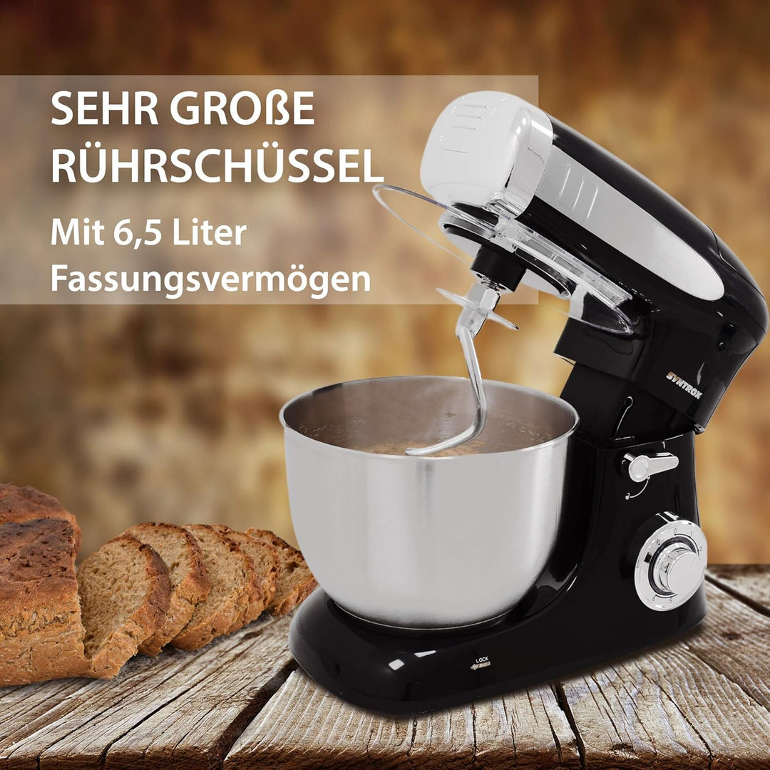 Syntrox Germany KM-1300W Black de Luxe Küchenmaschine Knetmaschine Mixer mit Fleischwolf, Edelstahl-
