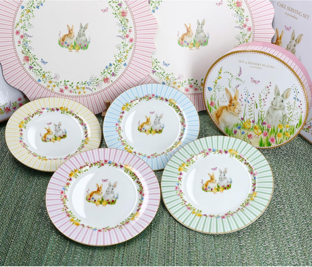 MamboCat Happy Easter 4er Set Kuchenteller I Porzellan-Frühstücksteller für 4 Personen mit Oster-Dek