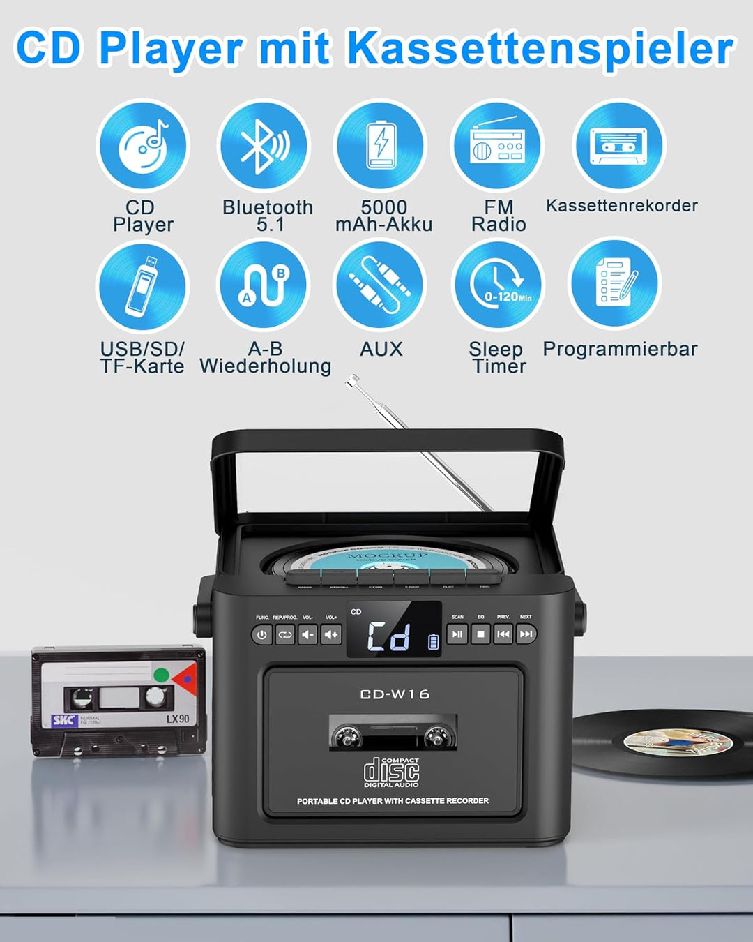 Greadio CD Player Tragbar, Boombox Kassettenspieler mit UKW Radio, Bluetooth 5.1, 5000mAh wiederaufl