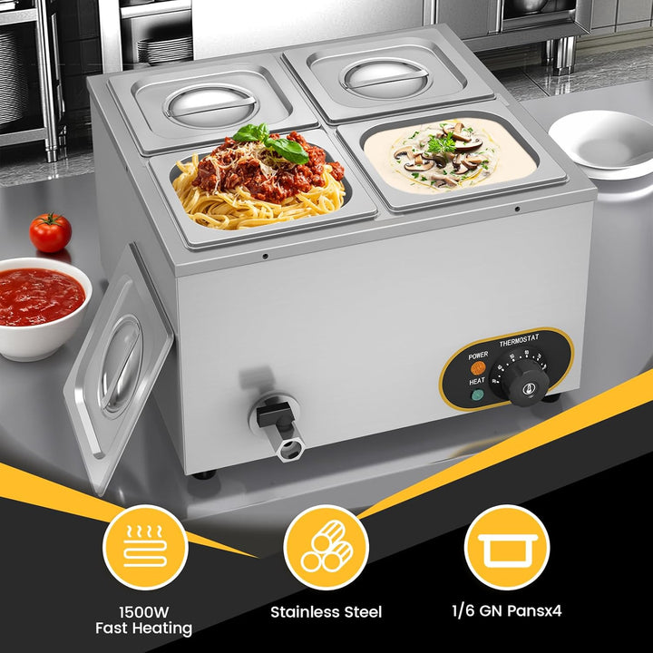 MOOTACO Elektrischer Wasserbad aus Edelstahl, Buffet, 4 x 1/6 mit Deckel, einstellbare Temperatur 30
