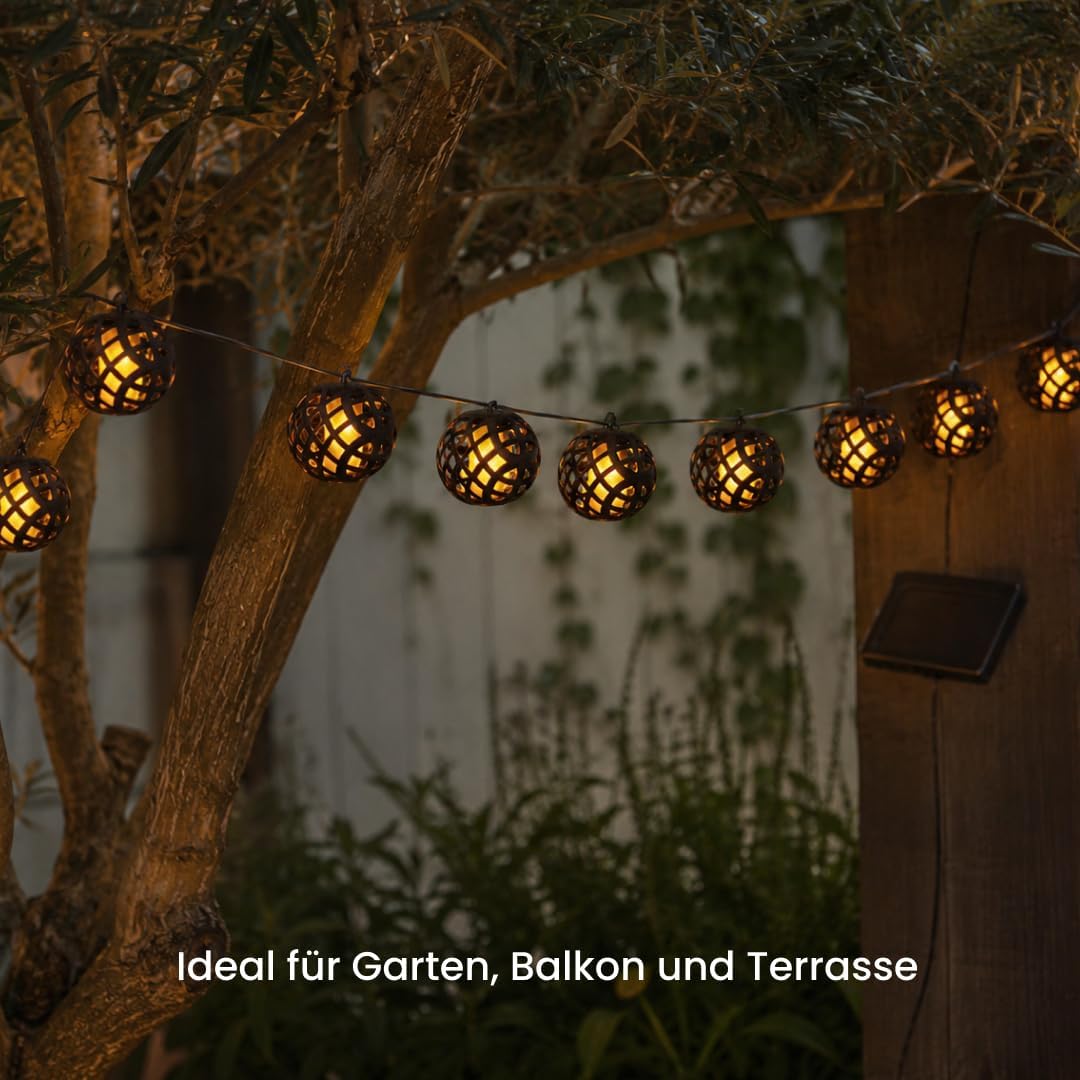 Star Trading Solar-Lichterkette mit Flammeneffekt, 8 Kugelleuchten, Schachbrettmuster, Solarpanel 20