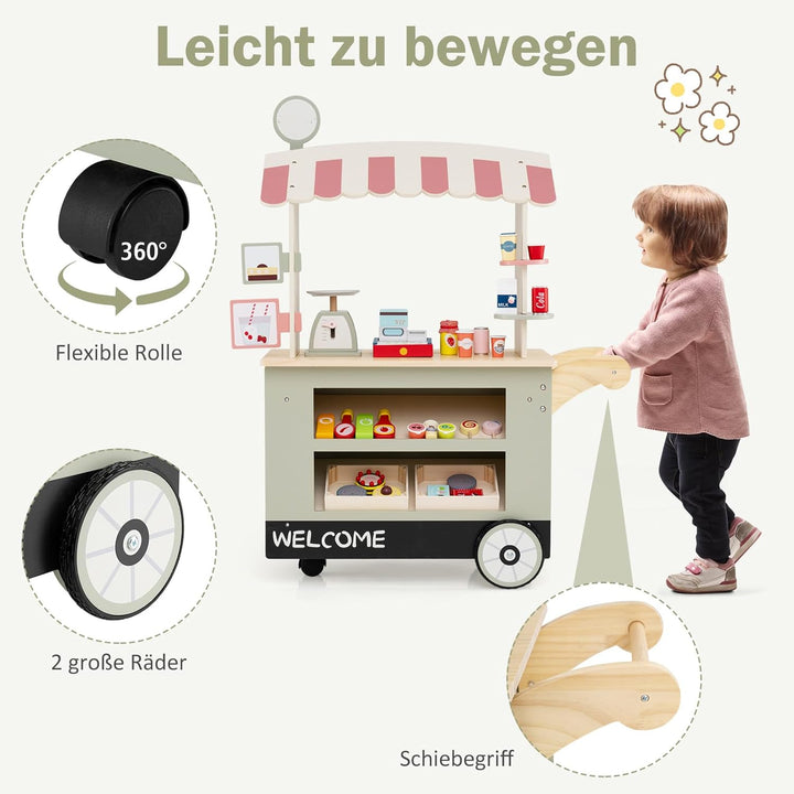 COSTWAY Kaufladen Kinder, Kaufmannsladen Holz mit 2 Ablagen, Schiebegriff & Zubehör, Einkaufsladen a