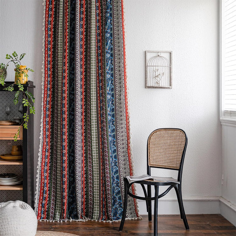 Freyamy Boho Vorhänge 2er Set Gardinen mit Beige Quasten Baumwolle Leinen Halbverdunkelungsvorhänge