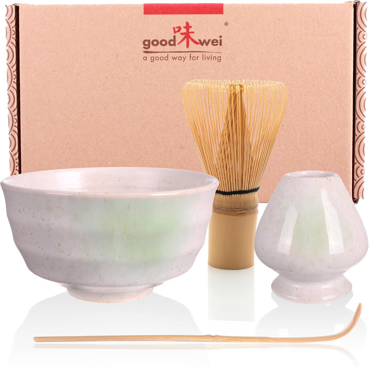 Goodwei Matcha Set mit Matcha Besen, Matcha Schale und Besenhalter aus Keramik | Geschenkset (Shiro)