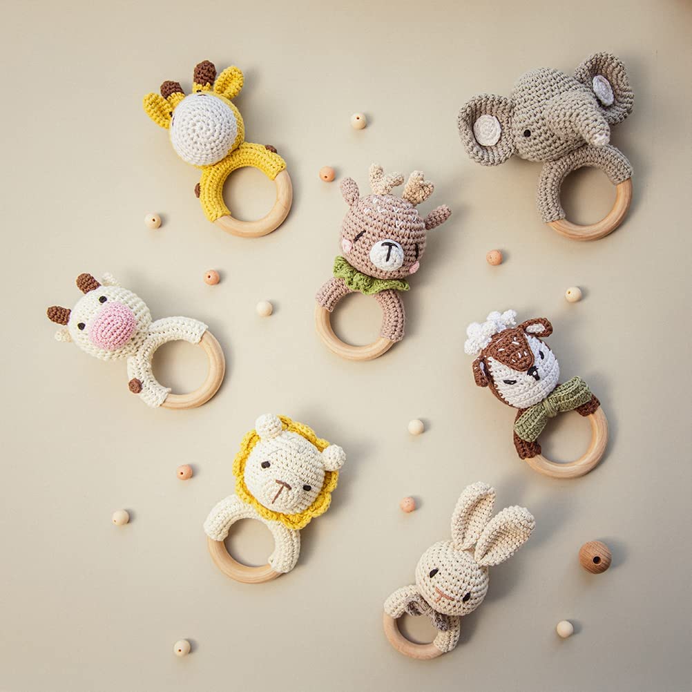 Youuys Babyrassel Gehäkelte Holz Häkeln Tiere Greifling Baby Holz Rassel Baby mit Sound Handmade Ras