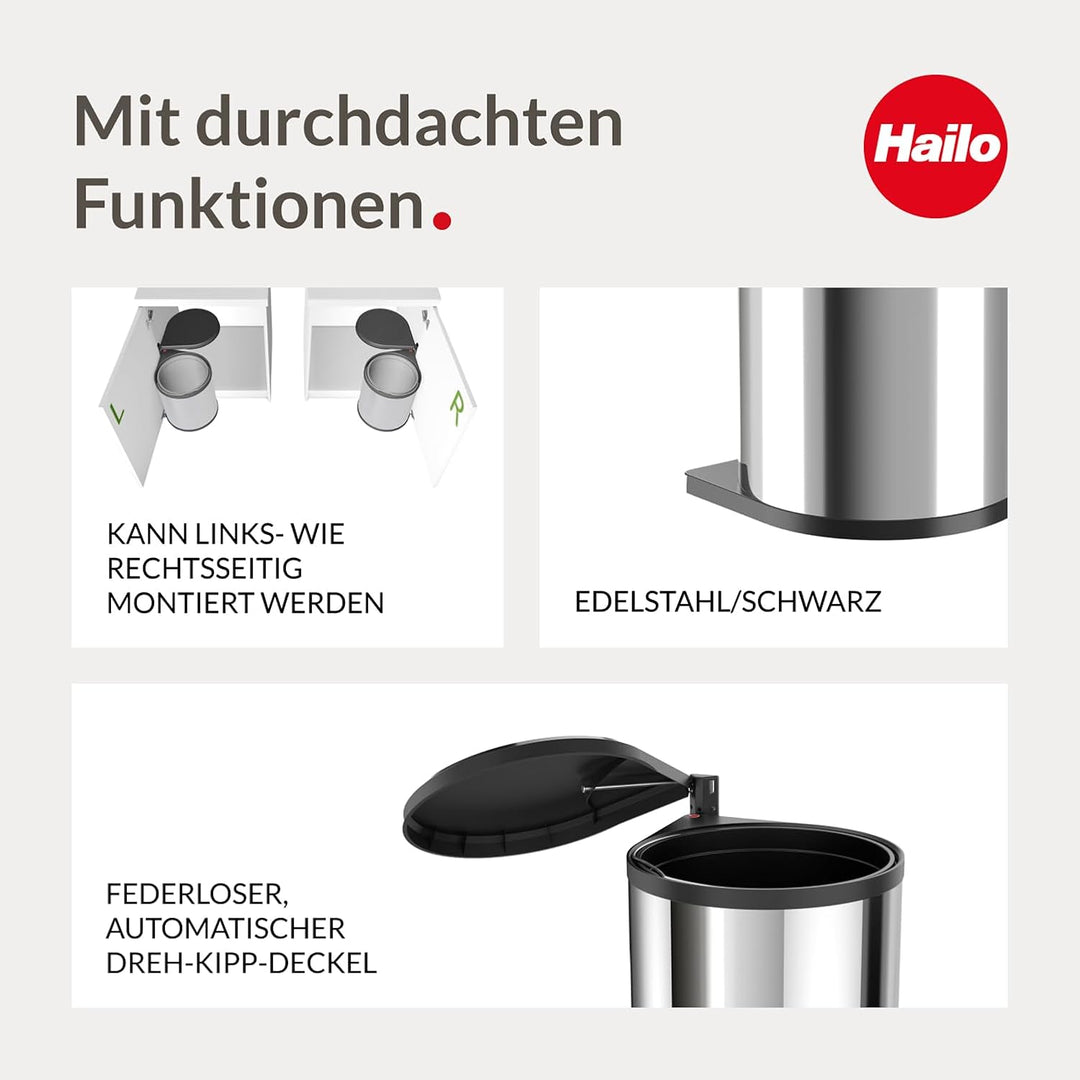 Hailo Mono Küchen-Abfalleimer, Edelstahlpoliert, Schwarz, One