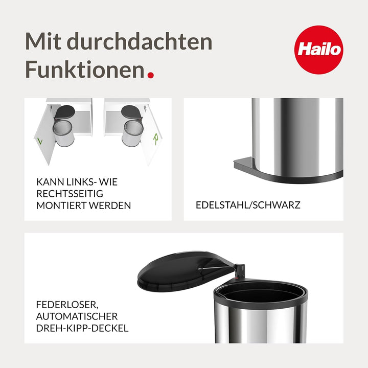 Hailo Mono Küchen-Abfalleimer, Edelstahlpoliert, Schwarz, One