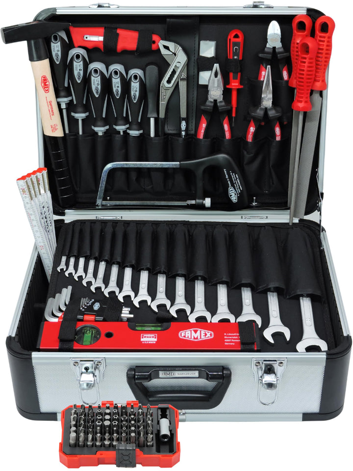 FAMEX 729-87 Alu Werkzeugkoffer gefüllt mit Profi Werkzeug-Set - max. Tragkraft 30kg, viele Werkzeug