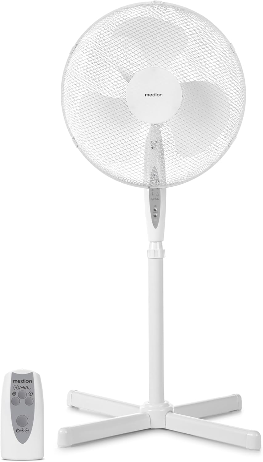 MEDION Standventilator mit Fernbedienung, drei Geschwindigkeitsstufen, 45 Watt Leistung, 36 cm, Schw