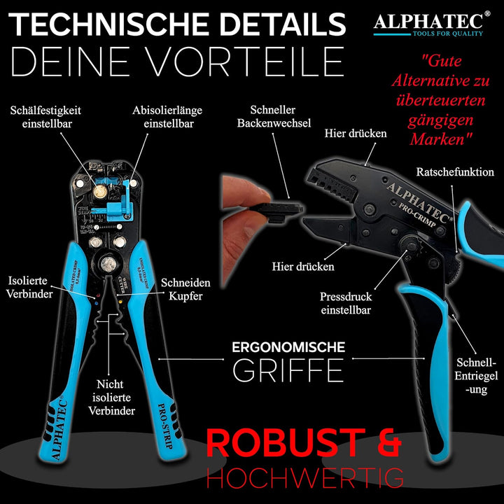 ALPHATEC® Crimpzange Set mit Wechselbacken inkl. automatische Abisolierzange - [0,25-10mm²] - Crimpz