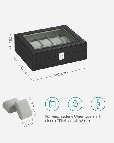 SONGMICS Uhrenbox mit 10 Fächern, Uhrenkasten mit Glasdeckel, Uhrenkoffer mit Herausnehmbaren Uhrenk