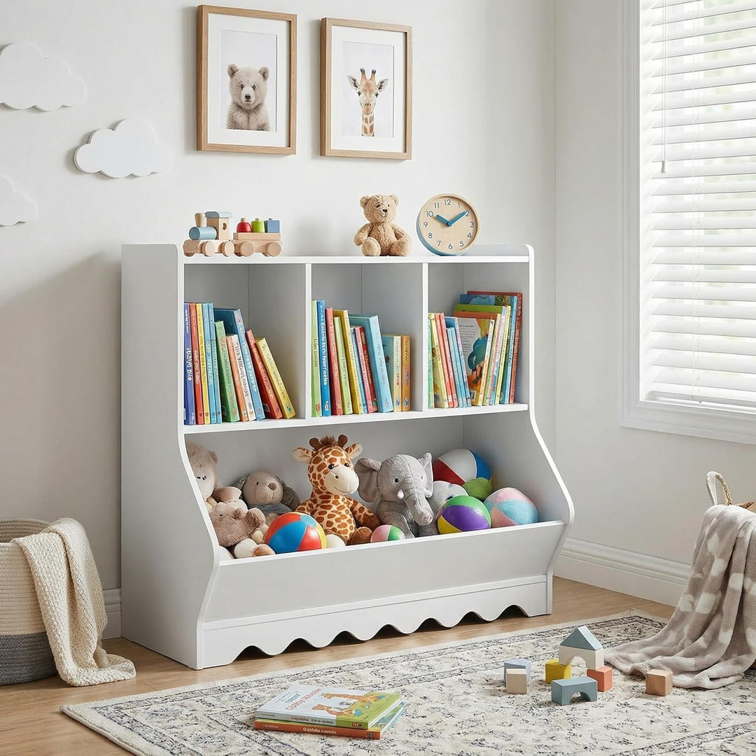 Kinder Bücherregal & Spielzeugregal – Freistehendes Kinderregal aus Holz mit 4 Fächern, Spielzeugauf