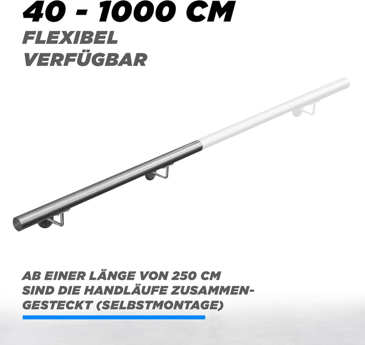 Edelstahl Handlauf Treppengeländer Geländer Wandhandlauf Wand Treppe 40-1000 cm V2Aox, Länge:40 cm,