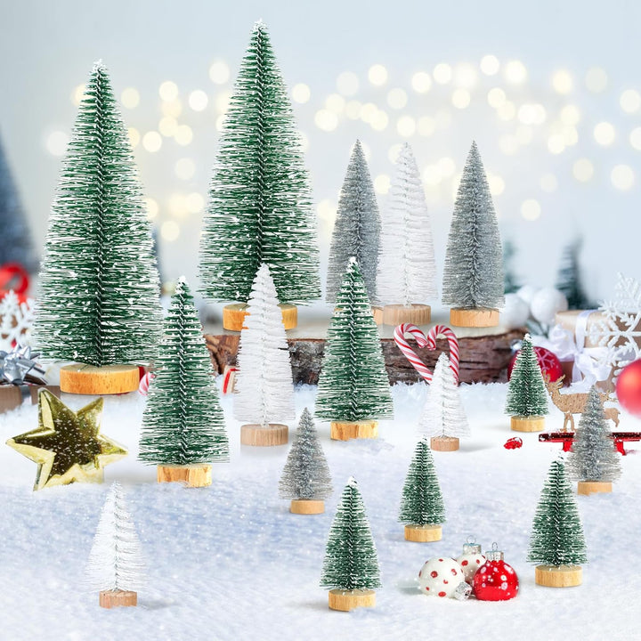 16 Stück Mini Tannenbaum Deko Klein Weihnachtsbaum Grün Silber Weiss, Künstlich Miniatur Weihnachtsb