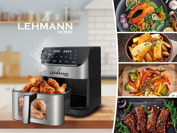 Lehmann Heissluftfritteuse XXL mit 8L Korb und Sichtfenster, Friteuse ohne Öl mit Beleuchtung, 1800W