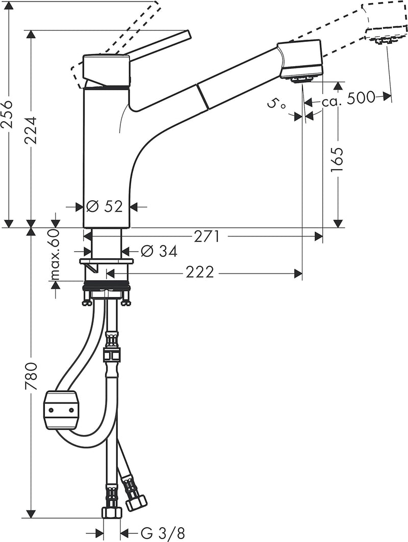 hansgrohe Talis S Einhebel-Küchenarmatur für Niederdruck, Komfort-Höhe 165mm mit ausziehbarer Brause