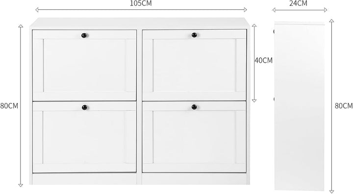 VOWNER Schuhschrank Schuhkipper Schmal 105x24x80cm (Weiss) | Schuhregal mit 4 Klappen, 8 Fächern, ve