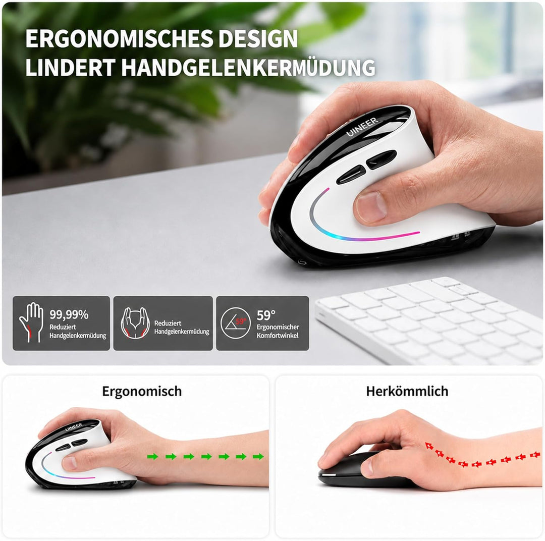 Uineer Ergonomische Maus Kabellos, Vertikale Bluetooth Maus Wiederaufladbar mit Leisem klick, 7 Farb