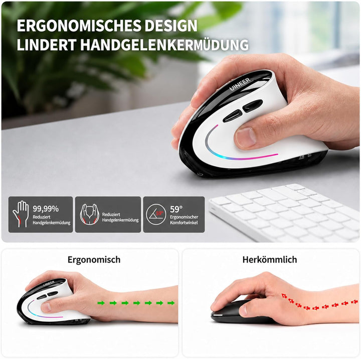 Uineer Ergonomische Maus Kabellos, Vertikale Bluetooth Maus Wiederaufladbar mit Leisem klick, 7 Farb