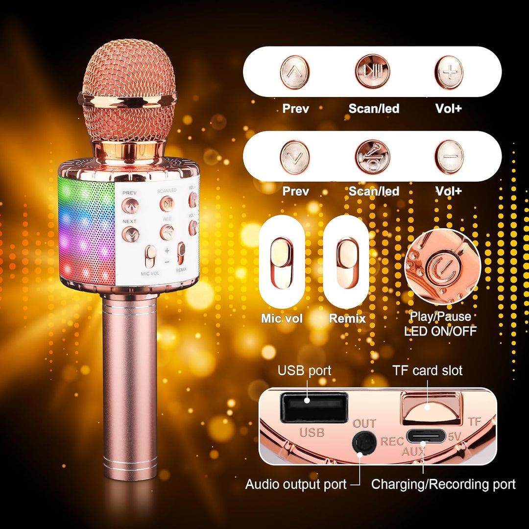 ShinePick Mikrofon Kinder Bluetooth, 4-in-1 Drahtloses Karaoke Mikrofon, Tragbare LED Microphone Spi