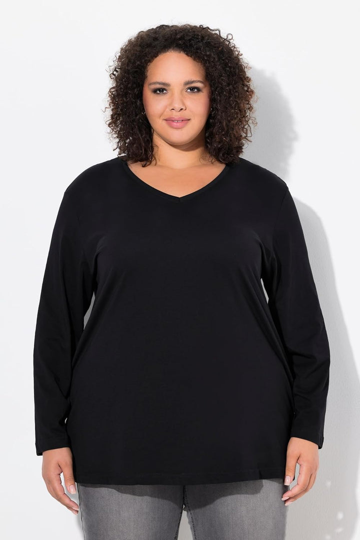 Ulla Popken Damen Basic-v-Shirt, Langarm Langarmshirt 42-44 Schwarz, 42-44 Schwarz