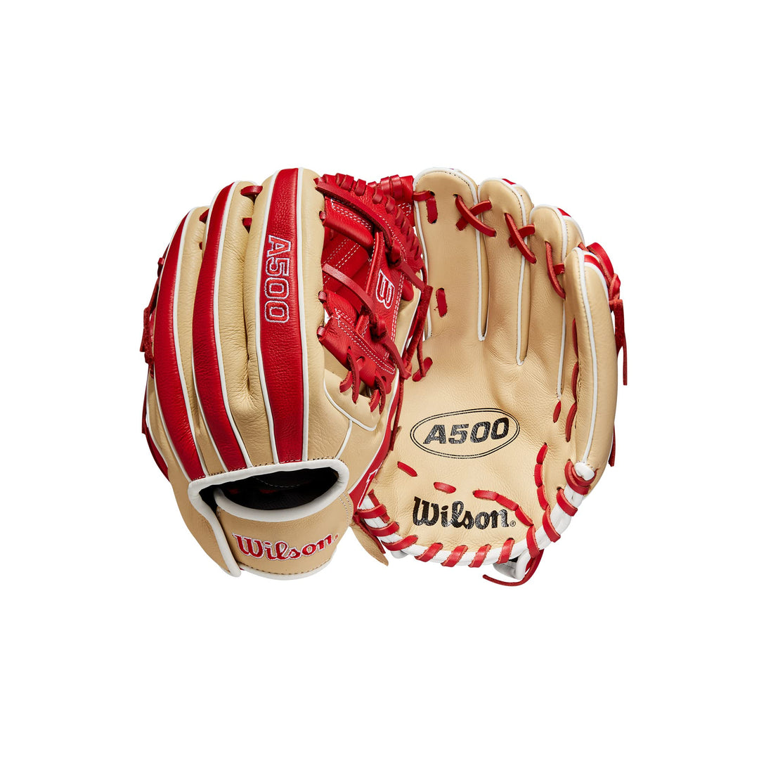 WILSON 2023 A500 Jugend-Baseballhandschuh, Blond/Rot/Weiß 11" Linke Hand Wurf