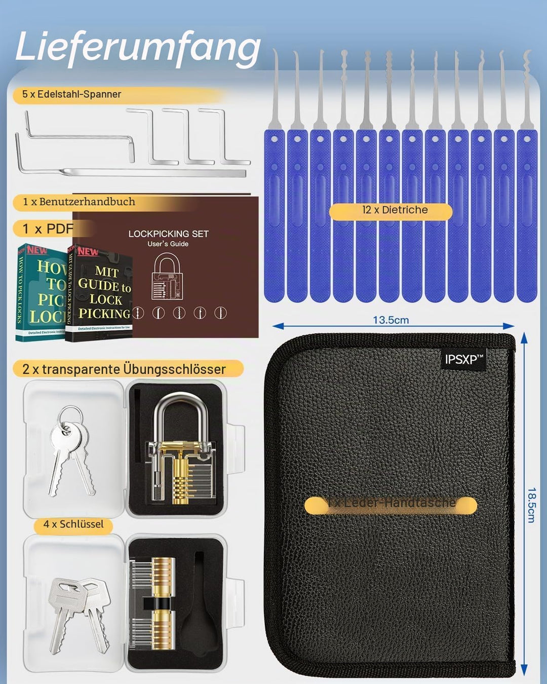 Lockpicking Set, IPSXP 25 Stück Dietrich Set mit 2 Stück Transparent Training Schlössern mit Lederta