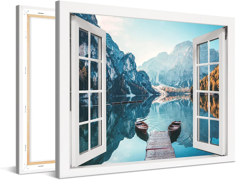 PICANOVA – Bild auf Leinwand Dolomites Bergsee Pragser Wildsee Fenster 100x75cm Leinwandbild – Premi