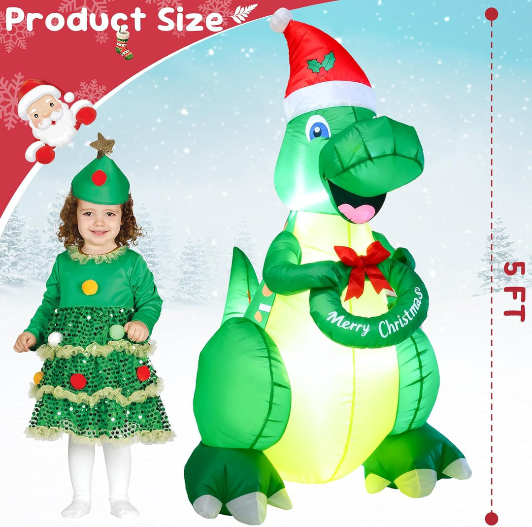 Ycolnaefllr 152 cm Weihnachtsdekoration aufblasbarer Dinosaurier, grüner Dinosaurier mit Weihnachtsm