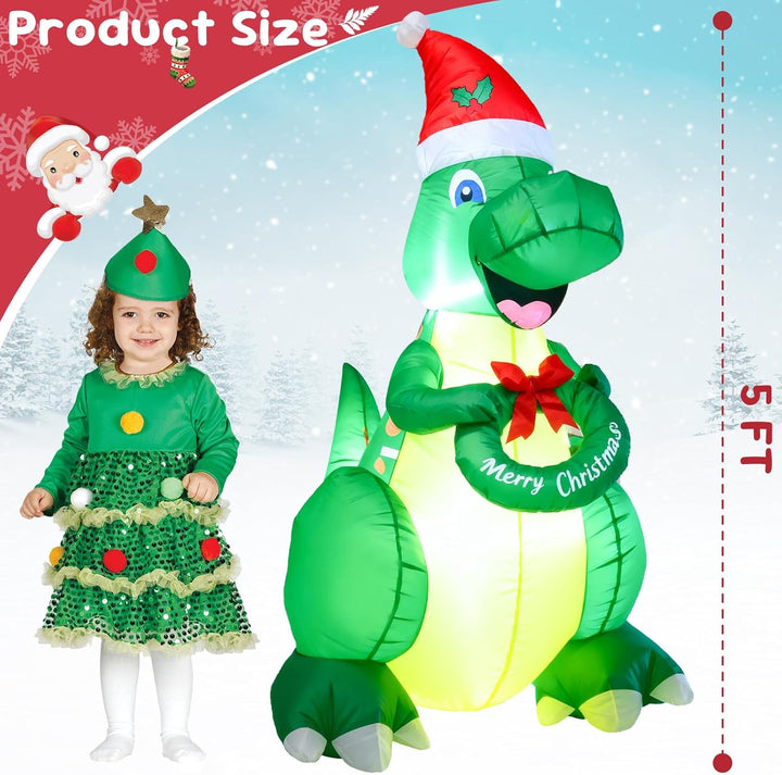 Ycolnaefllr 152 cm Weihnachtsdekoration aufblasbarer Dinosaurier, grüner Dinosaurier mit Weihnachtsm