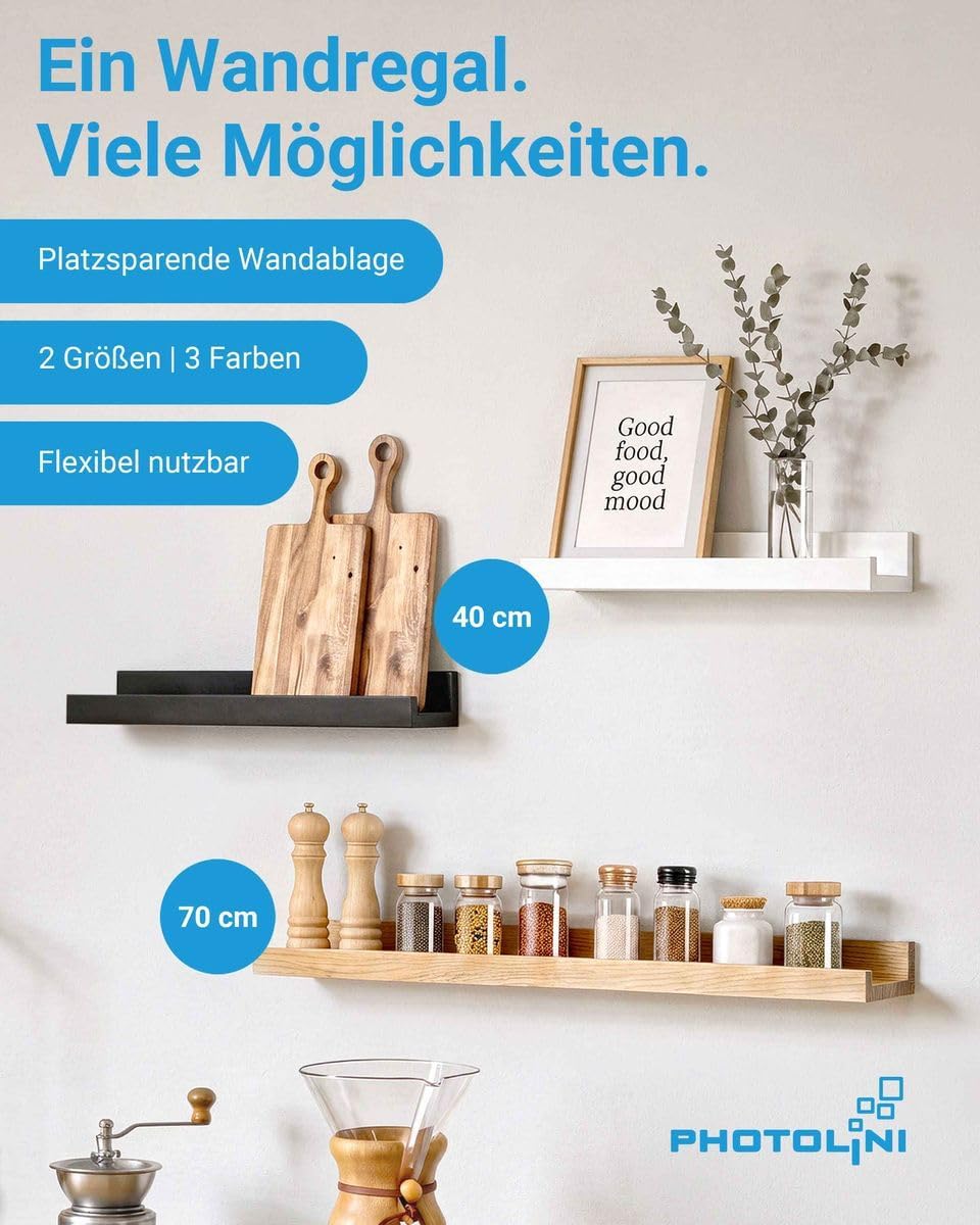 PHOTOLINI Wandregal stabiles MDF-Holz schwarz 70 cm, Schweberegal, 2er Set, modernes Design, Bilderl