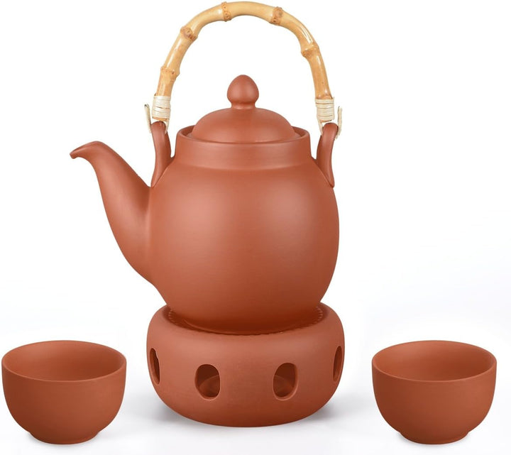 Ton Teeservice Tenno 8-teilig. Bestehend aus Ton Teekanne 1,1 Liter, Stövchen und 6 Tontassen. Handg