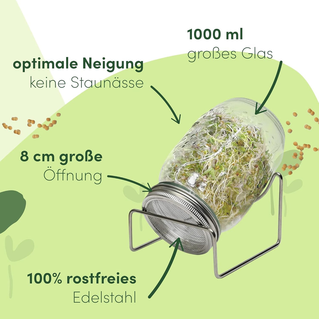Green SEEDS Sprossenglas Keimglas 2er Set 1000ml mit hochwertigem Edelstahl-Gitterdeckel, Ständer +