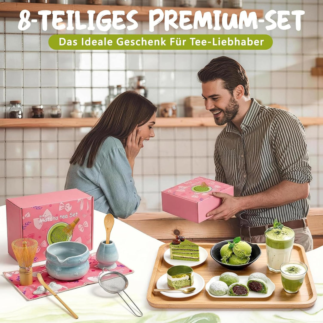 Matcha Set 8-Piece Premium Tea Ceremony Kit with Ceramic Bowl, 100+ Tines Bamboo Whisk (Chasen), Hol