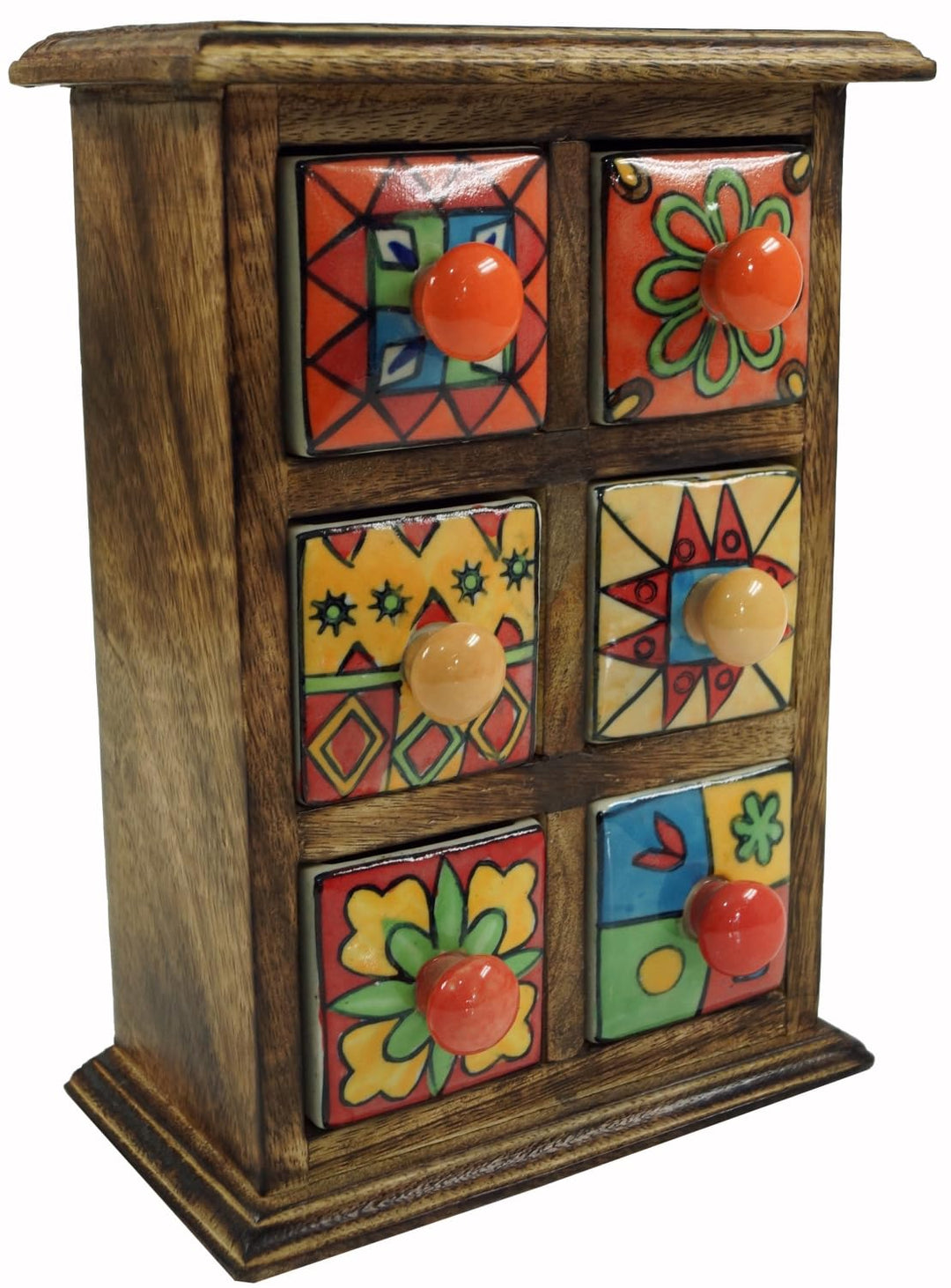GURU SHOP Apothekerschränkchen mit Bunten Keramik Schubfächern - 2x3 Fächer Modell 1, Braun, 25x18x1