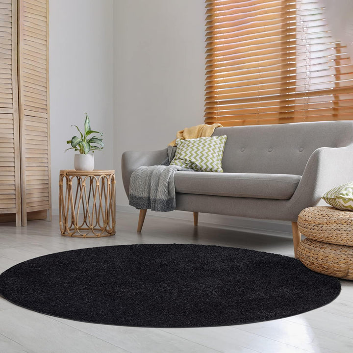 payé Teppich Rund Hochflor Shaggy - 200x200cm - Schwarz Einfarbig Uni Flauschig Modern Boho Wohnzimm