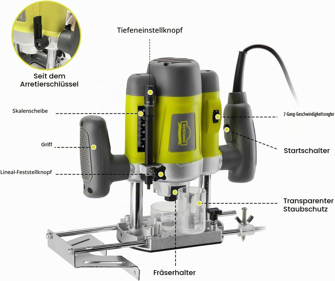 DEWINNER Elektronik Oberfräse Fräser 1200W,Ø 6 und 8 mm,Drehzahlregelung, Parallelanschlag, Absaugad